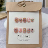 Hooux 10Pcs Short Cute Handmade Press On Nails Full Cover Rhinestone Design Round Head Fake Nail Artificial Manicure Wearable Nail Tip