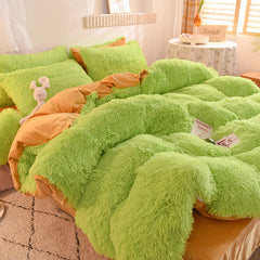 Hooux 4pcs Autumn and Winter Warm and Thick Solid Color King Size Bedding Set Sheet Quilt Cover Pillowcase 220x240cm
