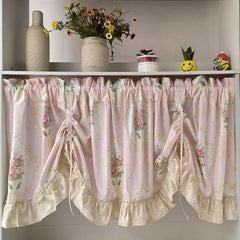 Hooux Wave Pink Embroidered Flowers Window Valance Living Room Elegant Lace Curtain Valance Lace Tape Short Curtains Kitchen