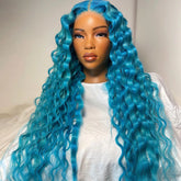 Hooux Blue Deep Wave Synthetic Lace Front Wig High Temperature Fiber Lace Wigs for Women Long Hair Wavy Wigs Heat Resistant Cosplay