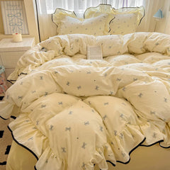 Hooux Princess Cream Bedding Set Ruffles Girls Full Queen Washable Cotton Duvet Cover with Zipper No Filler Bed Sheet Pillowcase