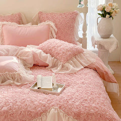 Hooux Two-thirds Rose Flowers Lace Princess Wedding Bedding Set 1200TC Egyptian Cotton Duvet Cover Flat/Fitted Bed Sheet Pillowcases