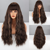 Hooux Long Brown Ombre Synthetic Wigs With Bangs For Women Natural Hair Wavy Wigs Cosplay Heat Resistant Wig