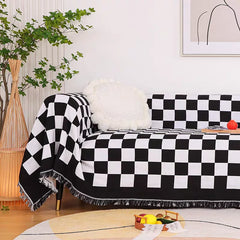 Hooux Vintage Checkered Woven Throw Blanket for Sofa Couch Bed Outdoor Camping Picnic Mat Jacquard Bedspread Retro Plaid Tablecloth