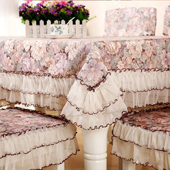 Hooux Lace hem Chair Cover Tablecloth Table Dining Table Cover Gauze Jacquard Wedding Table Cloth Chair Covers Decoration Towels 1pcs