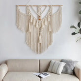 Hooux Handmade Macrema Tapetry Walling Hanging Bohemia Tassel Curtain Tapetry with Wooden Stick Art Decoration
