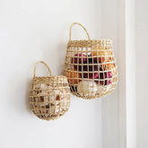 Hooux Handmade Rattan Storage Basket Hanging Organizer with Handle Flower Fruit Vegetable Holder Support Home Kitchen Wall Decor