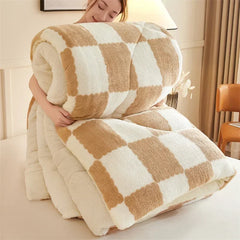 Hooux Checkerboard Super Thick Warm Winter Blankets Soft Artificial Lamb Cashmere Weighted Blanket Fluffy Warmth Duvet Comforter Quilt