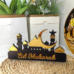 Hooux Ramadan Kareem Table Ornament Wooden Acrylic Eid Mubarak Moon Star Castle DIY Tabletop Decoration Islamic Party Home Decor