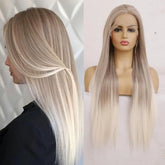 Hooux Ombre Wig Blonde Synthetic Lace Front Wig Long Straight Glueless Natural Hairline Highlight Hair Frontal Wigs for Women