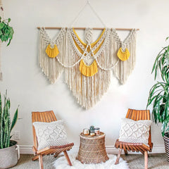 Hooux Handwoven Macrame Tapestry Wall Hanging Tapetry Bohemia Tassel Curtain Tapestry with Wooded Stick Boho Decorn Stick