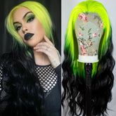Hooux Ombre Green Black Highlight Wig Synthetic Hair Loose Deep Wave Long Curly Wavy 13X4 frontal Colored Wigs for Women Party Cosplay