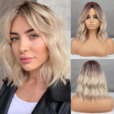 Hooux Short Brown Ombre Beige Wavy Hair For Women Synthetic Heat Resistant Wig Suitable For Cosplay Wig