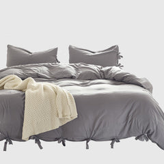 Hooux Unique Lace Up Design Thickened Washed Cotton Queen Bed King Size Bedding Sets Duvet Cover with Pillowcases No Sheets