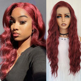 Hooux Burgundy Wig Long Curly Synthetic Lace Front Wig Natural Wavy Deep Wave Dark Red Colored Hair 13X4 Frontal Wigs for Women Party