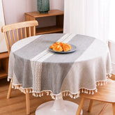 Hooux Grey Stripe Round Tablecloth Cotton Linen Lace Tassel Dustproof Tables Cover Wear-Resistant Thicken Mat Wedding Decoration