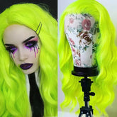 Hooux Fluorescent Neon Green Lace Front Synthetic Wigs for Women Loose Curly Wig Glueless Natural Hairline Cosplay Party Dai