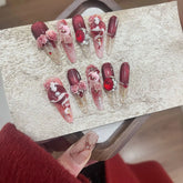 Hooux Red Handmade Stiletto Nails Full Cover Lucky Snake Rhinestone Rose Wearable Artificial Almond Acrylic Manicure with Tools 10Pcs