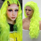 Hooux Fluorescent Neon Green Wig Water Wave Synthetic Lace Front Wig Glueless Colored Long Curly Hair Lace Frontal Wigs for Women