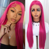 Hooux Pink Wig Straight Synthetic Lace Front Wig Glueless Wigs for Women Rose Red Hot Pink Long Hair Lace Frontal Wig Ready to Wear