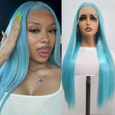 Hooux Blue Wig Long Straight Synthetic Lace Front Wig Glueless Ready to Wear Cosplay Party Light Blue Hair Lace Frontal Wigs for Women
