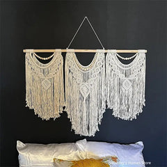 Hooux Large Macrame Tapestry Hand Made Cotton Rope Tassel Pendant Wall Hanging Tapestry with Wooden Stick Hand-Woven Bohemia Tassel