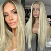 Hooux Ombre Lace Front Wig Long Straight Synthetic Wig Brown Blonde Highlight Colored Hair 13X4 Frontal Wigs for Women Party Cosplay