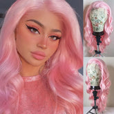 Hooux Light Pastel Pink Lace Front Synthetic Frontal Wigs for Women Long Wavy Loose Wave Curly Hair Wig Daily Party Cosplay