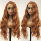 Hooux Long Curly Natural Wavy Synthetic Hair Ginger Orange Lace Front Wig Loose Deep Wave Brown Colored 13X4 Frontal Wigs for Women