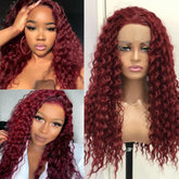 Hooux Red Wig Deep Curly Synthetic Lace Front Wig Glueless Afro Kinky Curly Burgundy Colored Hair Lace Frontal Wigs for Women Party