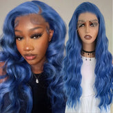 Hooux Dark Blue Wig Deep Wave Synthetic Hair Long Curly Lace Front Wig Natural Wavy Colored 13X4 Lace Frontal Wigs for Women Party