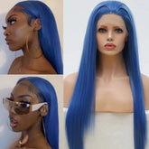 Hooux Blue Wig Long Straight Synthetic Lace Front Wig Glueless Wigs Ready to Wear Dark Blue Wigs for Women Party Cosplay Frontal Hair
