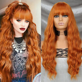 Hooux Orange Lady Long Straight Synthetic Wig Natural Wave Wig with Bangs Heat-resistant Cosplay Hair