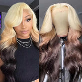 Hooux Ombre Blonde Synthetic Hair Wig with Dark Brown Body Wave Long Wavy Lace Front Wig 13X4 Frontal Colored Wigs for Women Party