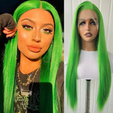 Hooux Green Wig Straight Synthetic Lace Front Wig Long Green Hair Wig Glueless Wigs Ready to Wear Green Lace Frontal Wigs for Women