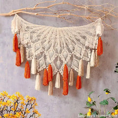 Hooux Handmade Cutout Cotton Thread Macrame Tapestry Tassel Pendant Wall Hanging Boho Decor Roud Tablecloth Table Decoration