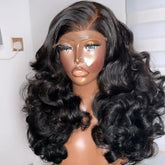 Hooux Natural Black Glueless Loose Wave Transparent Lace Front Women Wigs Baby Hair 180Density Synthetic Hair Natural Hairline