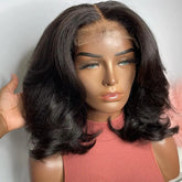 Hooux Short Bob Wavy Synthetic Hair 13x4 Lace Front Wigs Natural Hairline Glueless Natural Black Color Transparent Lace Wigs Baby Hair