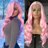 Hooux Long Wavy Hair Light Pink Synthetic Lace Front Wig Natural Loose Body Wave Frontal Pastel Pink Colored 13X4 Curly Wigs for Women