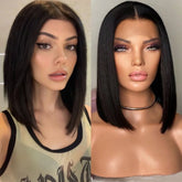 Hooux Black Bob Wigs Short Lace Synthetic Lace Front Wig Glueless Black Hair Lace Frontal Wigs for Women Party Straight Bob Hair Wig