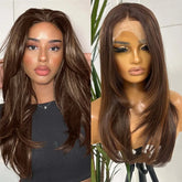 Hooux Mixed Brown Highlight Lace Front Wig Synthetic Hair Layered Straight Natural Wavy Brunette Colored 13X4 Frontal Wigs for Women