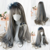 Hooux 26Inch Silver Gray Highlight Gray Blue With Bang Synthetic Wigs Long Natural Straight Hair Wig for Women Cosplay Heat Resistant