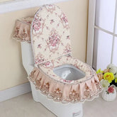 Hooux lace hem Style Printed Thick toilet Cover 3PCS Zippered Toilet Cover with Drooping Edge Toilet Bathroom Dust Mat Decoration