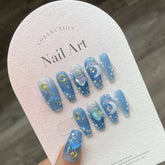 Hooux 10Pcs Handmade Nails Set with Glue Long Ballet False Nails Blue Ocean Design Full Cover Nail Tips Wearable Coffin Fake Nails