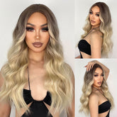 Hooux Long Wavy Ombre Light Blonde Platinum Middle Part Hair Wig Cosplay Natural Heat Resistant Synthetic Wig For Women