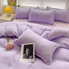 Hooux Purple Duvet Cover Set Ins Solid Color Korean Flat Sheet Pillowcases Bedding Set Girls Boys Queen Twin Szie Soft Bed Linens