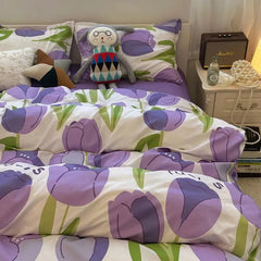 Hooux Tulips Duvet Cover Set with Flat Sheet Pillowcases Fashion Twin Double Queen Size Bed Linen Soft Boys Girls Bedding Kit