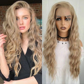 Hooux Ash Blonde Wig Deep Wave Synthetic Lace Front Wig Long Curly Natural Wavy Colored Hair 13X4 Lace Frontal Wigs for Women Party