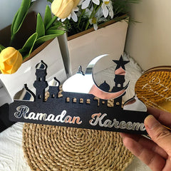 Hooux Ramadan Kareem Table Ornament Wooden Acrylic Eid Mubarak Moon Star Castle DIY Tabletop Decoration Islamic Party Home Decor