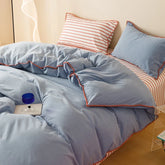 Hooux Striped Girls Flower Bedding Sets, Washed Cotton Bed Linens, Soft Quilt Cover Sheet Set, Simple Bedspread, Home Textiles